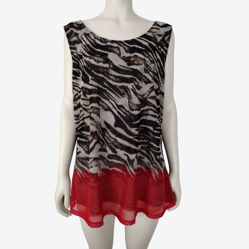 Vintage 1990s Animal Print Color Block Sleeveless Mesh Blouse Plus 1X